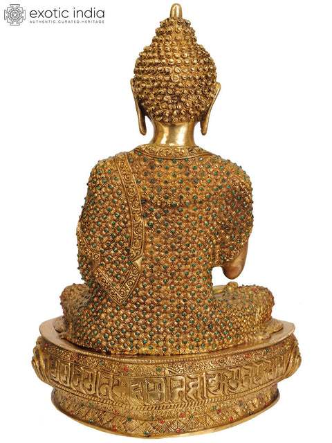 16" Tibetan Buddhist Lord Buddha -Robe Decorated with Stones In Brass | Handmade | Made In India