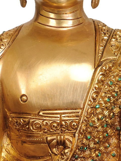 16" Tibetan Buddhist Lord Buddha -Robe Decorated with Stones In Brass | Handmade | Made In India