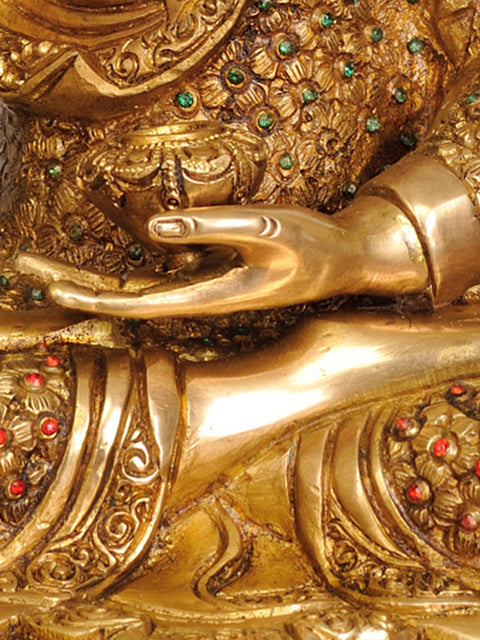 16" Tibetan Buddhist Lord Buddha -Robe Decorated with Stones In Brass | Handmade | Made In India