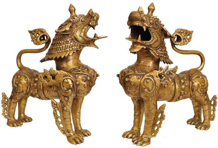 Tibetan Buddhist Snow Lions Brass Statue Pair