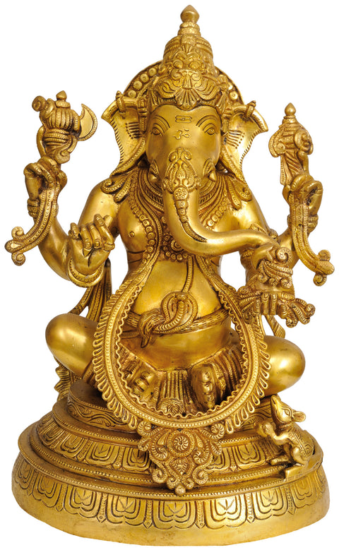 15" Four Armed Seated Ganesha In Brass | Handmade | Made In India