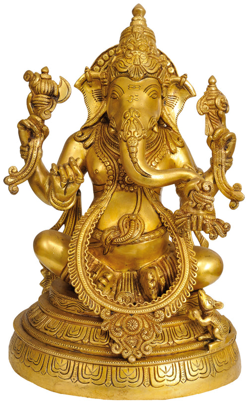 15" Four Armed Seated Ganesha Brass Idol Handmade