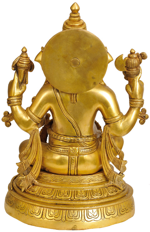 15" Four Armed Seated Ganesha In Brass | Handmade | Made In India