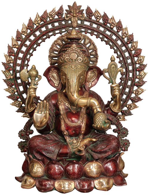 25" Lord Ganesha Seated on Lotus with Prabhavali Brass Statue Handmade