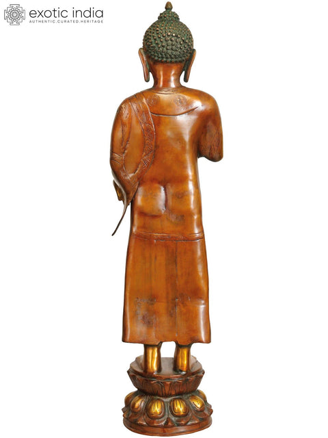 33" Large Size Standing Buddha Idol Granting Abhaya | Handmade Brass Statue | Made in India