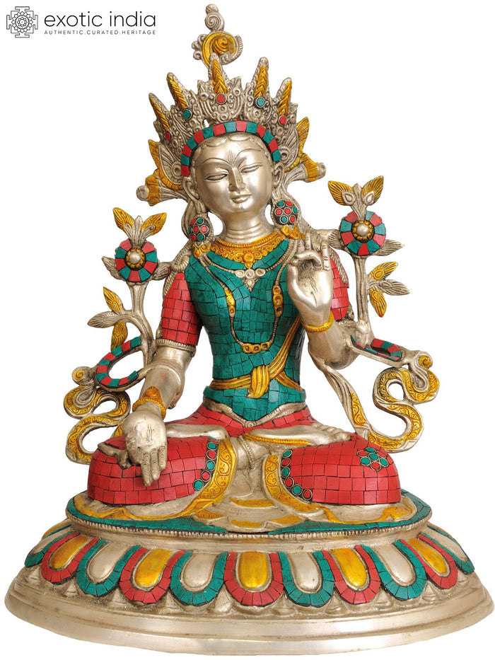 18" White Tara Tibetan Buddhist Brass Statue with Inlay