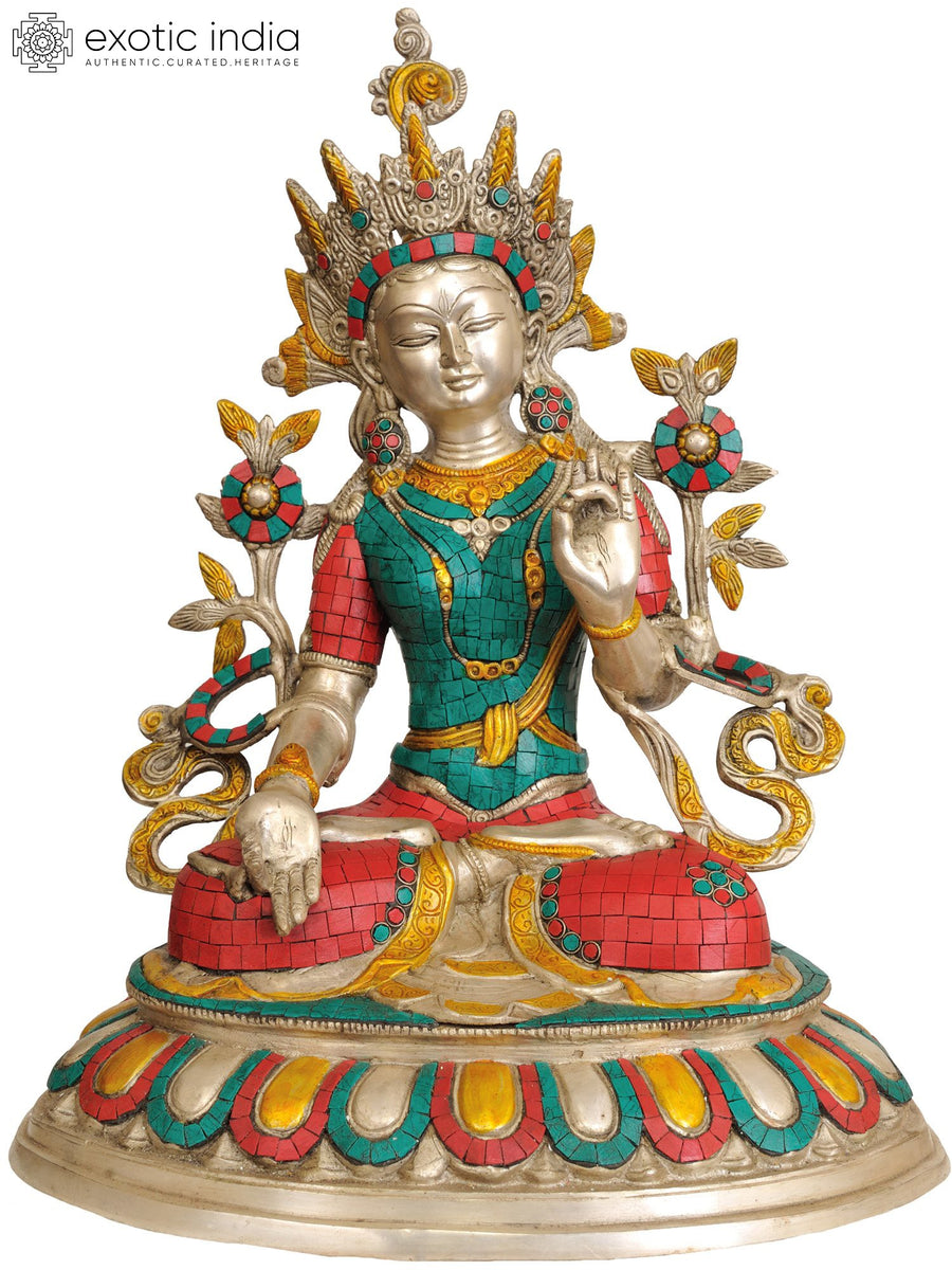 18" White Tara Tibetan Buddhist Brass Statue with Inlay