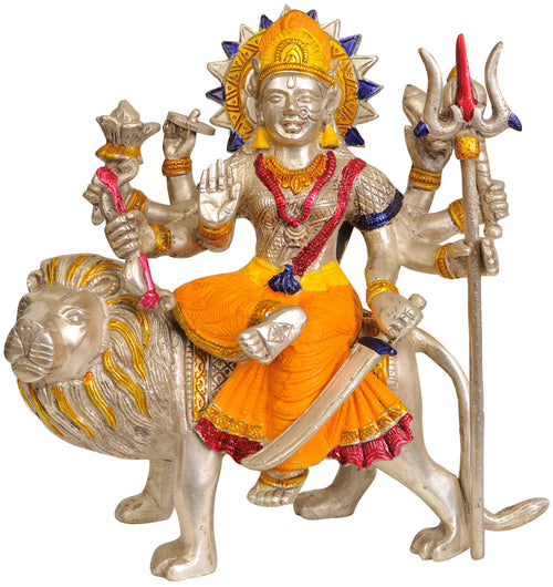 8" Ashtabhuja Durga Seated on Lion Brass Statue Handmade