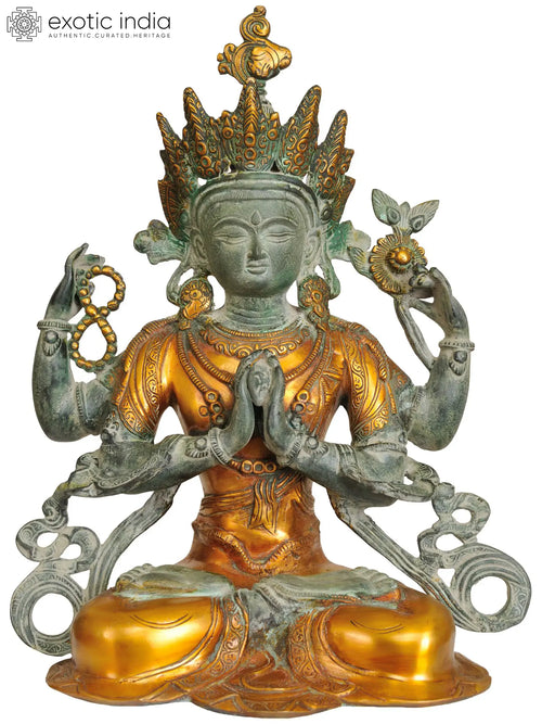 15" Handmade Chenrezig Brass Statue - Tibetan Buddhist Deity