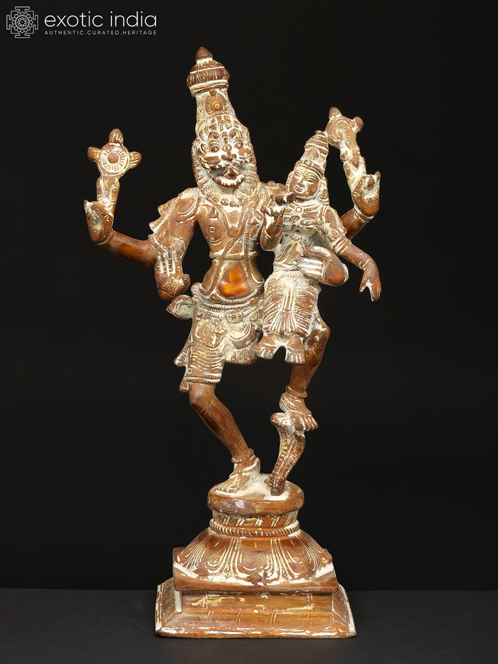 12" Brass Lord Narasimha with Goddess Lakshmi Statue  | Handmade | Made in India