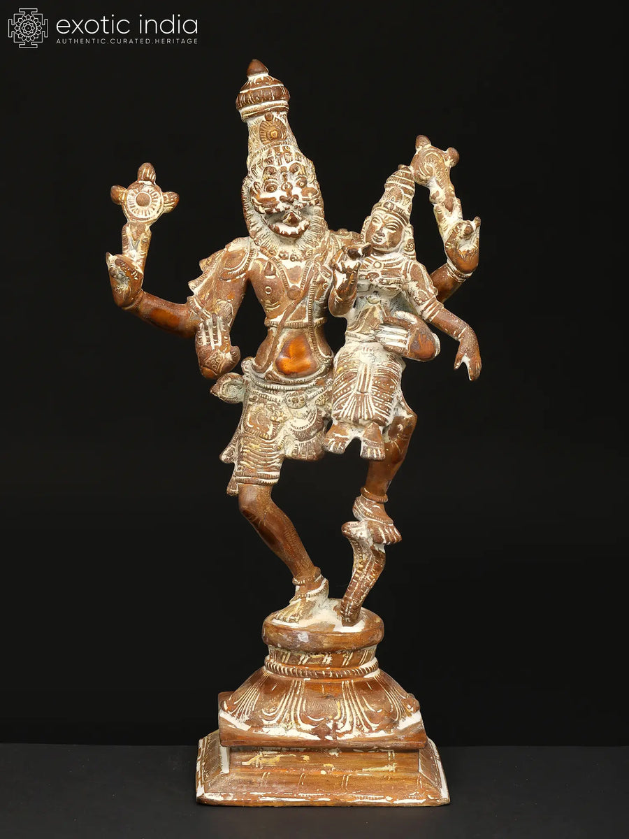 12" Brass Lord Narasimha with Goddess Lakshmi Handmade Statue