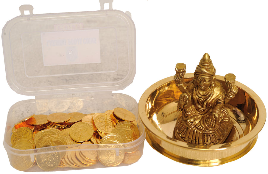 3" Brass Goddess Lakshmi Puja Kit with 108 Coins Handmade