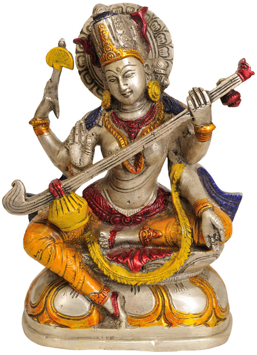 7" Handmade Goddess Saraswati Brass Idol for Pooja