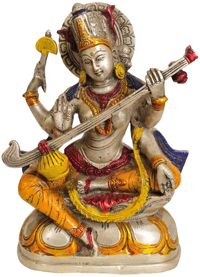 7" Goddess Saraswati Idol in Brass | Handmade | Made in India