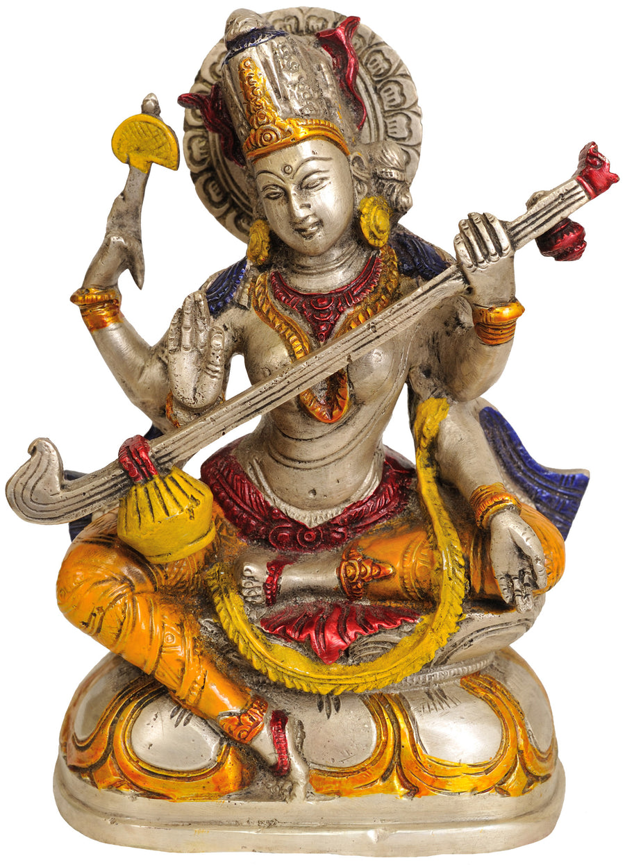 7" Handmade Goddess Saraswati Brass Idol for Pooja