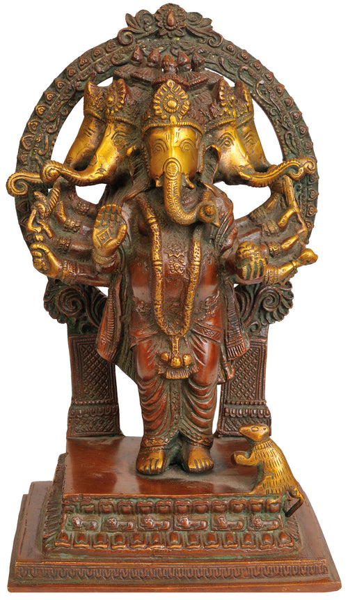 10" Five Headed Ganesha Brass Statue Handmade