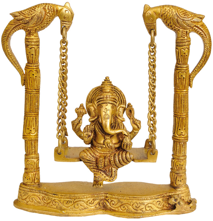 7" Brass Handmade Lord Ganesha Statue on Parrot Swing