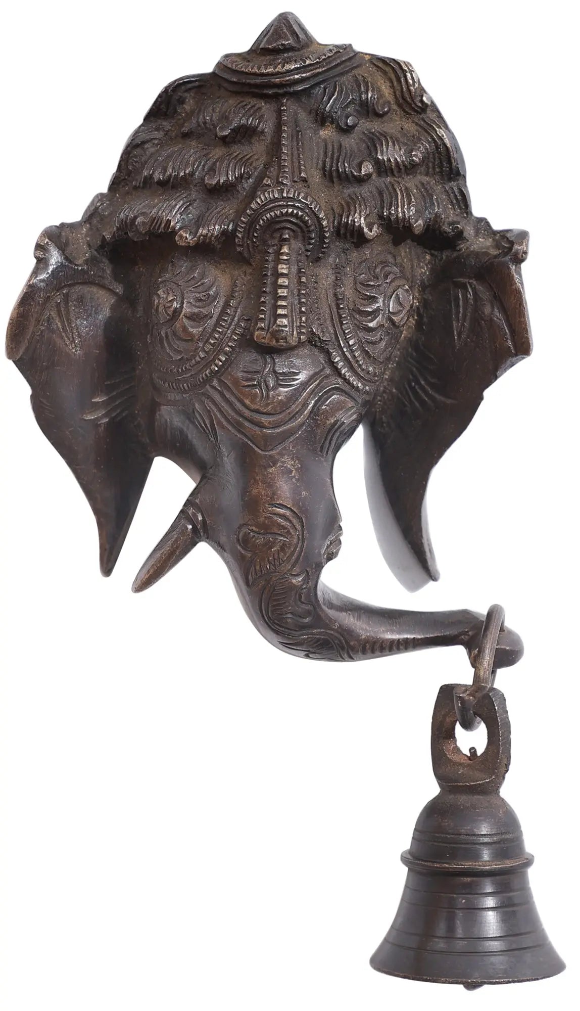 6" Lord Ganesha Wall Hanging Mask with Bell in Brass | Handmade