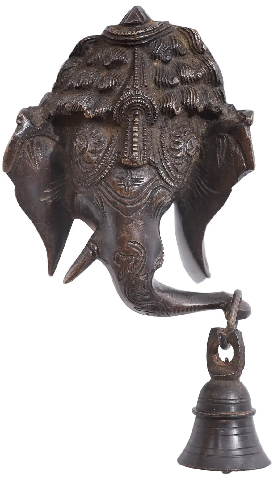 6" Lord Ganesha Brass Wall Hanging Mask with Bell Handmade