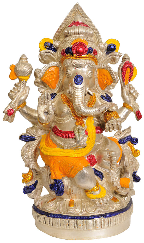 9" Four Armed Seated Ganesha In Brass | Handmade | Made In India