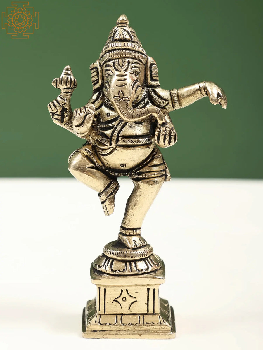 5" Brass Four Armed Dancing Ganesha Idol Handmade