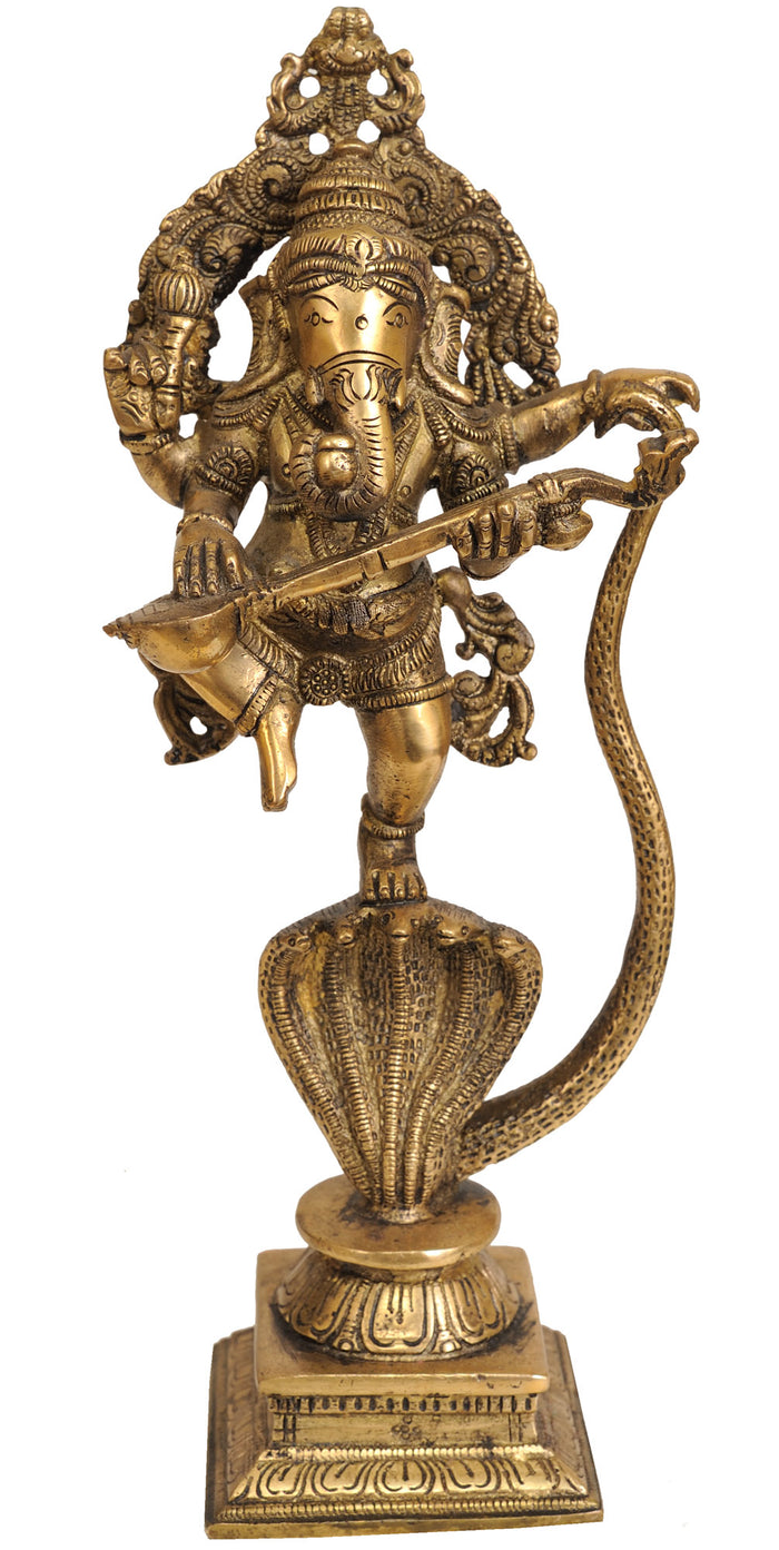 10" Dancing Lord Ganesha with Veena Brass Statue Handmade