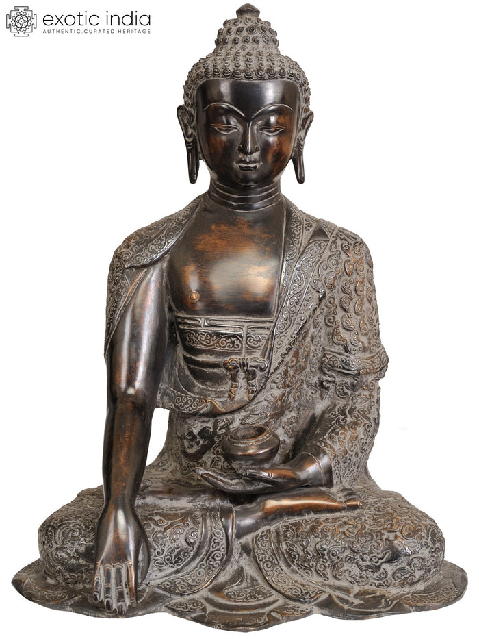 13" Handmade Brass Buddha Bhumisparsha Mudra Tibetan Buddhist Statue