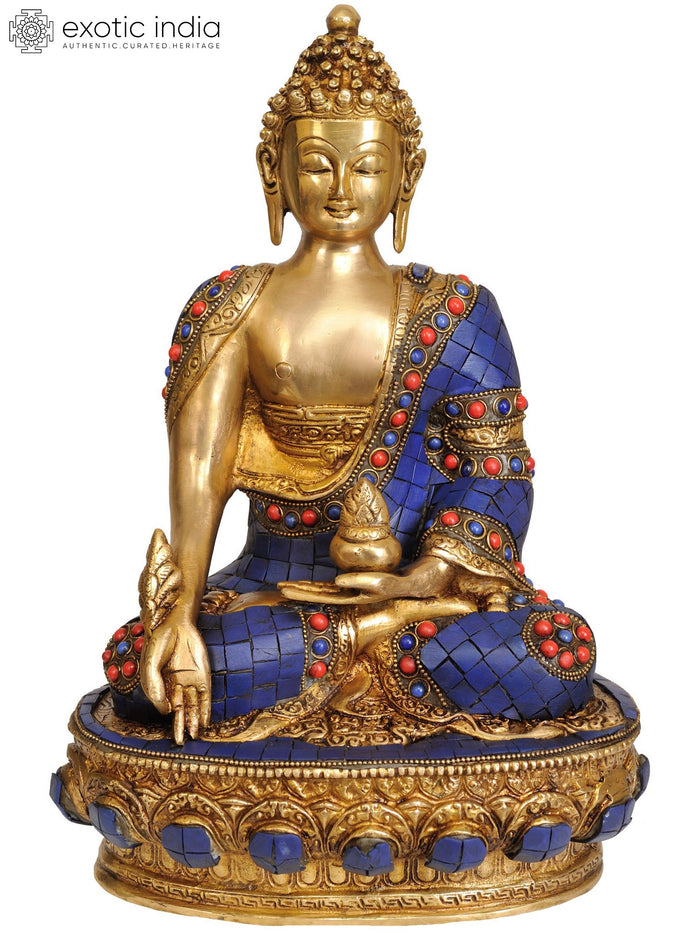 12" Brass Buddha Statue with Lapis Inlay - Tibetan Buddhist Deity Handmade