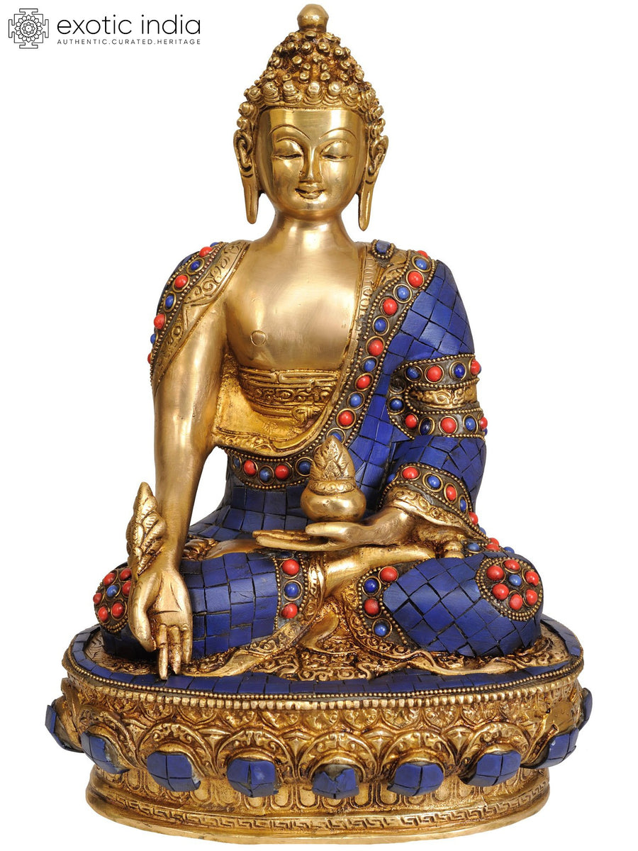 12" Brass Buddha Statue with Lapis Inlay - Tibetan Buddhist Deity Handmade