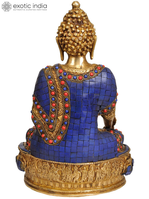 12" Lapis Healing Buddha (Tibetan Buddhist Deity)   with the Scenes of Life of Buddha on Reverse In Brass | Handmade | Made In India