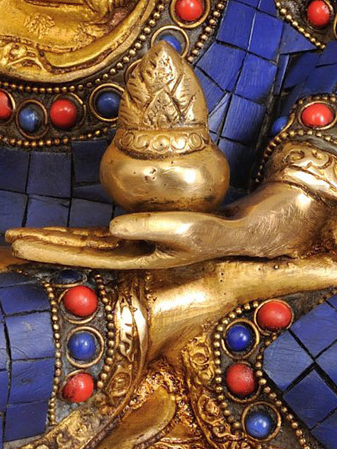 12" Lapis Healing Buddha (Tibetan Buddhist Deity)   with the Scenes of Life of Buddha on Reverse In Brass | Handmade | Made In India