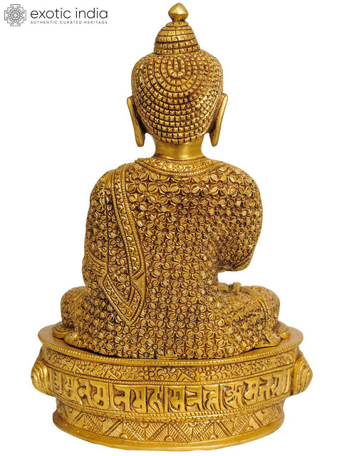 10" Shakyamuni Buddha  Preaching His Dharma (with Decorated Robe and Auspicious Symbols on Reverse) In Brass | Handmade | Made In India
