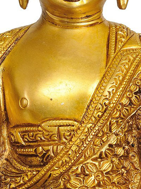 10" Shakyamuni Buddha  Preaching His Dharma (with Decorated Robe and Auspicious Symbols on Reverse) In Brass | Handmade | Made In India