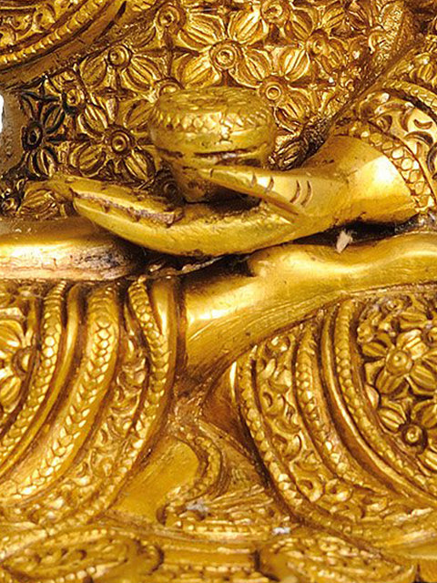 10" Shakyamuni Buddha  Preaching His Dharma (with Decorated Robe and Auspicious Symbols on Reverse) In Brass | Handmade | Made In India