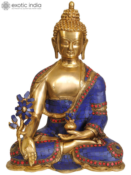 14" Lapis Healing Buddha Brass Statue Handmade