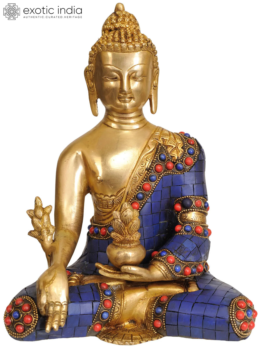 9" Lapis Healing Buddha Brass Statue Handmade