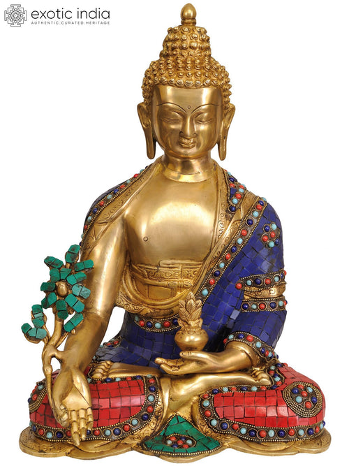 14" Medicine Buddha with Myrobalan Plant Brass Statue Handmade