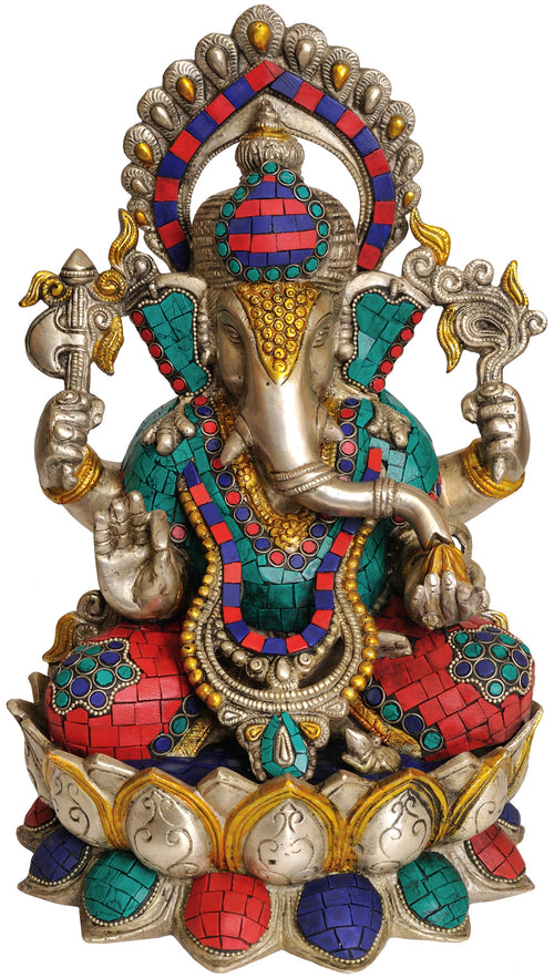 12" Handmade Ganesha Kamalasana Brass Statue for Pooja