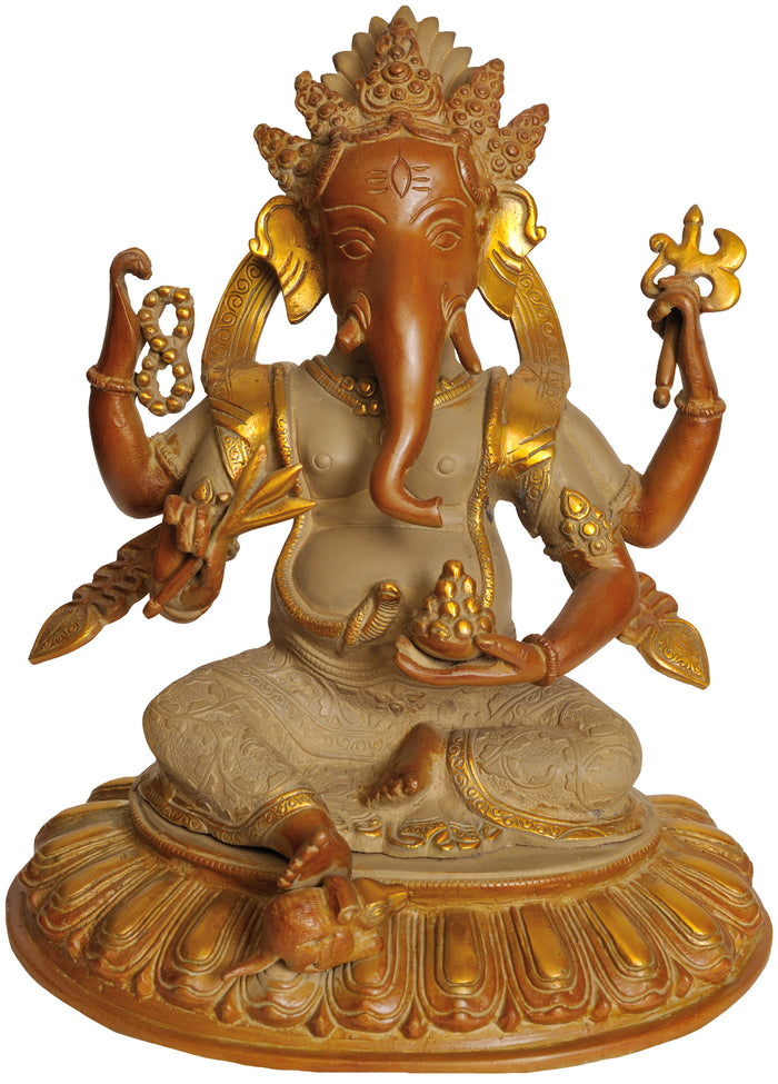 11" Lord Ganesha Brass Idol with Radish, Parashu, Rudraksha and Modak Bowl