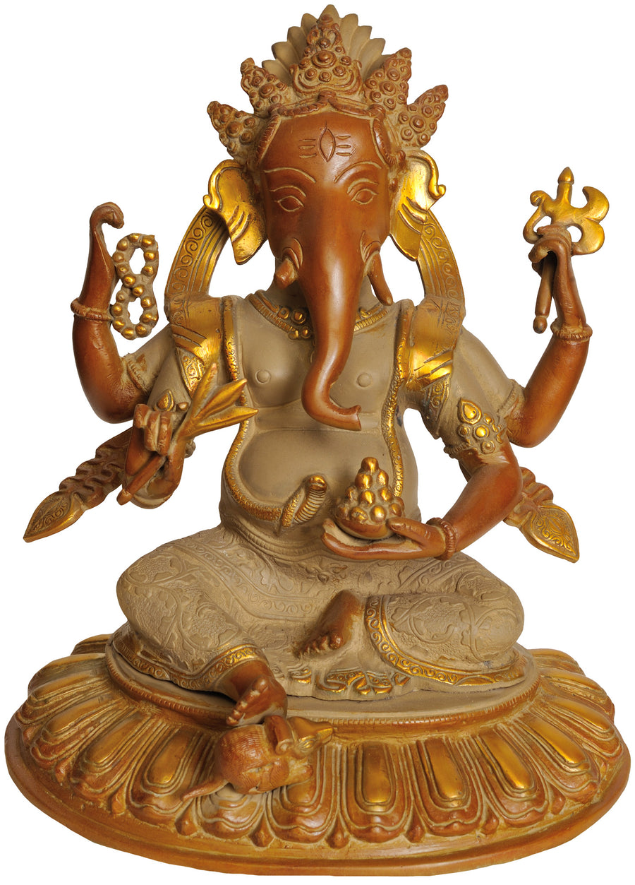 11" Lord Ganesha Brass Idol with Radish, Parashu, Rudraksha and Modak Bowl