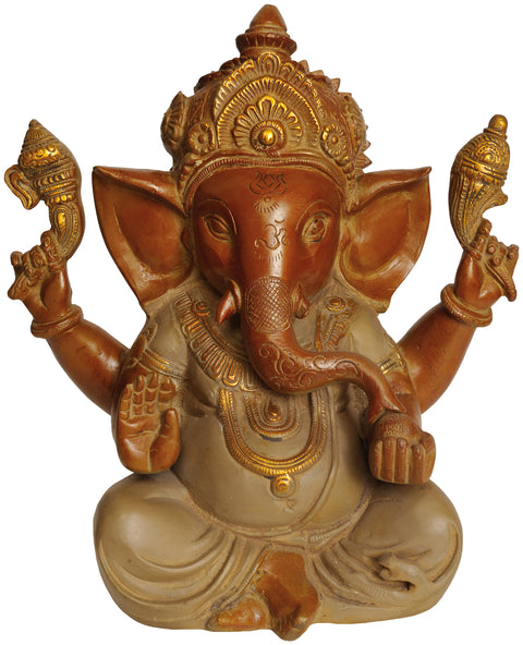 9" Lord Ganesha Enjoying Modaka In Brass | Handmade | Made In India