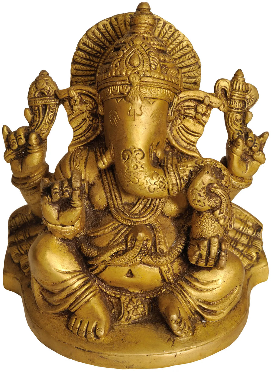 6" Four Armed Seated Ganesha Brass Idol Handmade