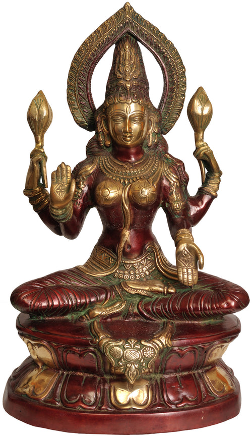 18" Goddess Lakshmi Seated on Double Lotus Brass Idol Handmade