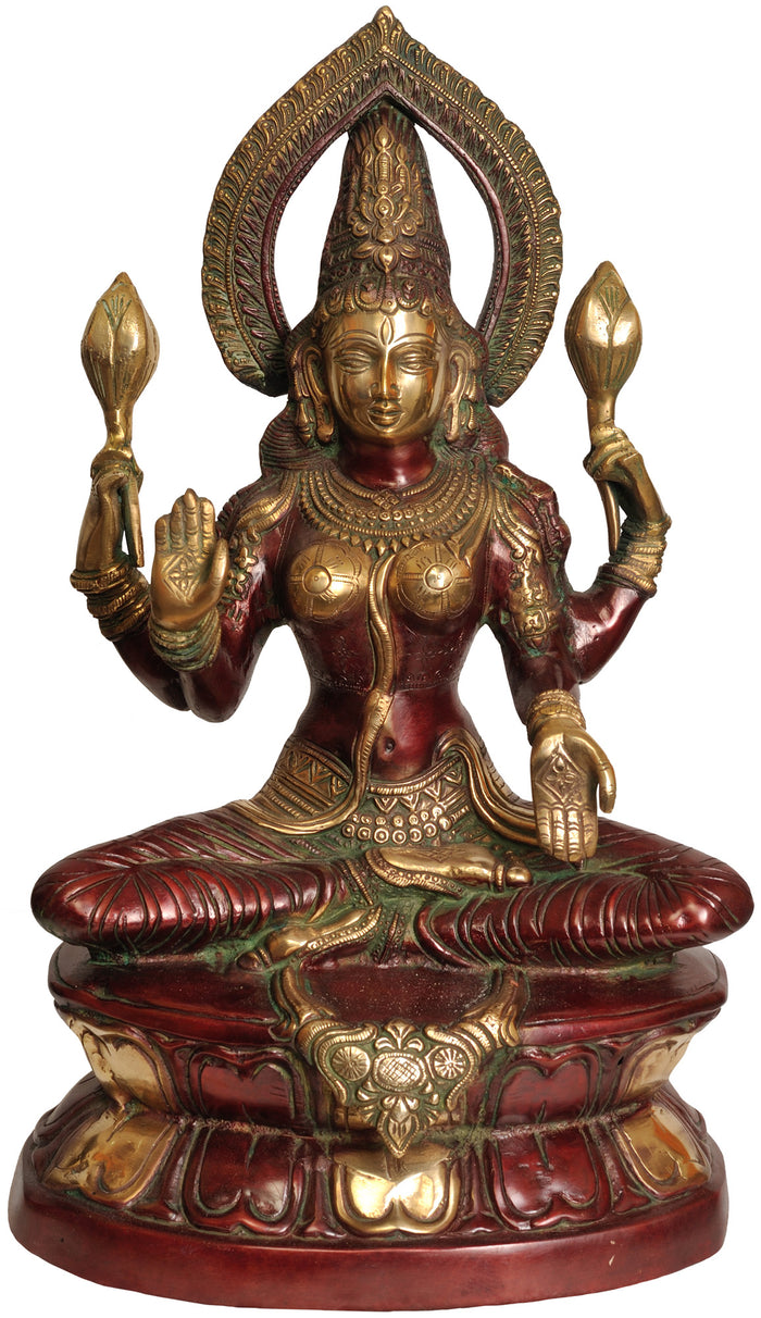18" Goddess Lakshmi Seated on Double Lotus Pedestal In Brass | Handmade | Made In India