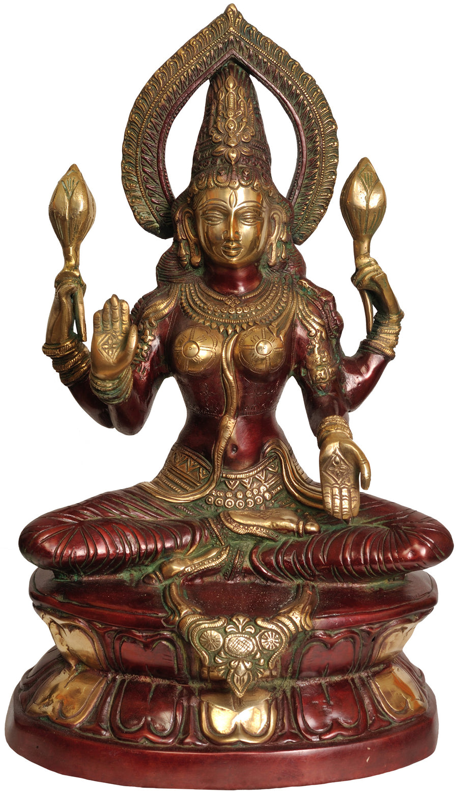 18" Goddess Lakshmi Seated on Double Lotus Brass Idol Handmade