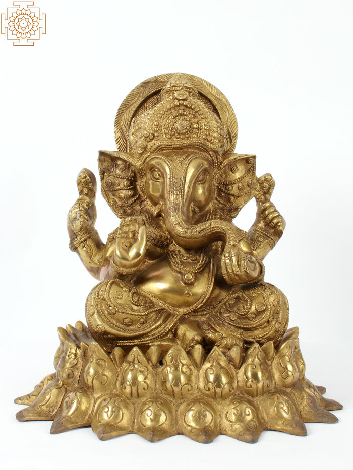 13" Handmade Kamalasana Ganesha Brass Statue for Pooja
