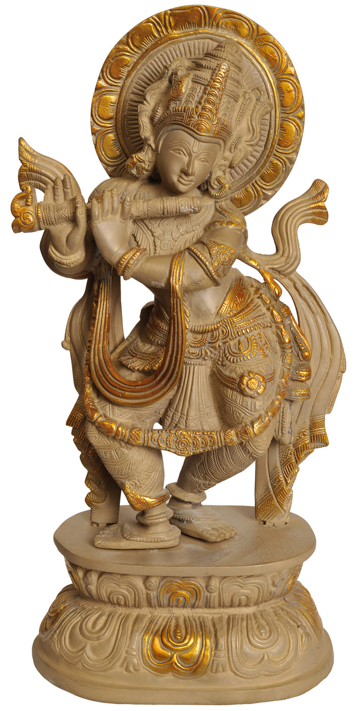 16" Lord Krishna Playing Flute Handmade Brass Statue