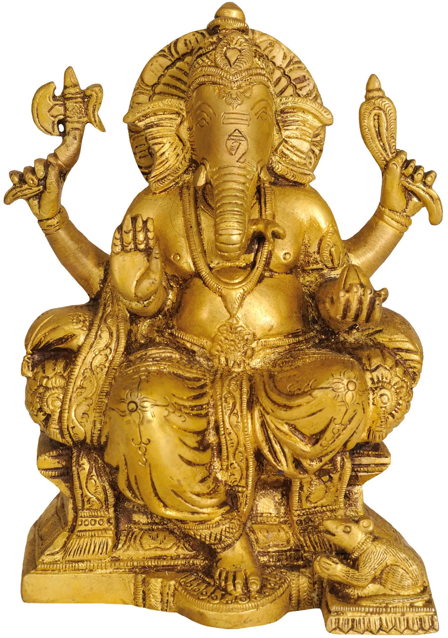6" Handmade Brass Lord Ganesha Seated Statue with Throne
