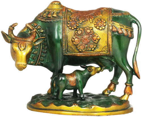 8" Handmade Cow and Calf Brass Statue