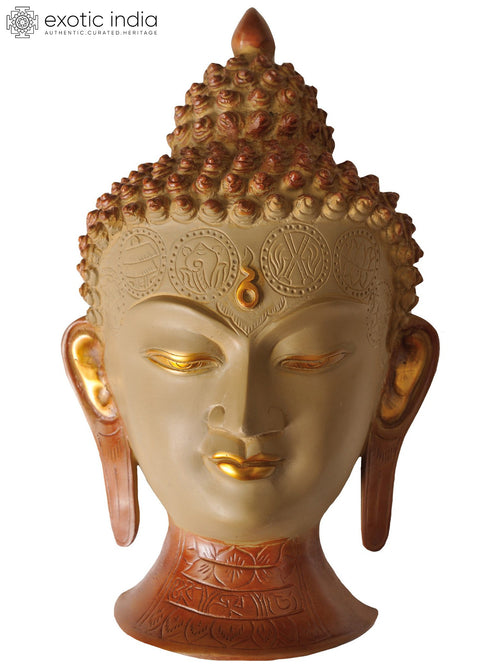 11" Lord Buddha Brass Wall Hanging Mask with Engraved Symbols